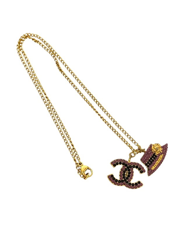 Pre-Loved by Azura Reborn - Pre-Loved Gold Plated Rhinestone CC and Camellia Hat Pendant Necklace