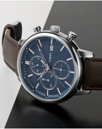TIMEX - Chicago Chrono 45mm Silver Tone Blue Dial Brown Leather Strap