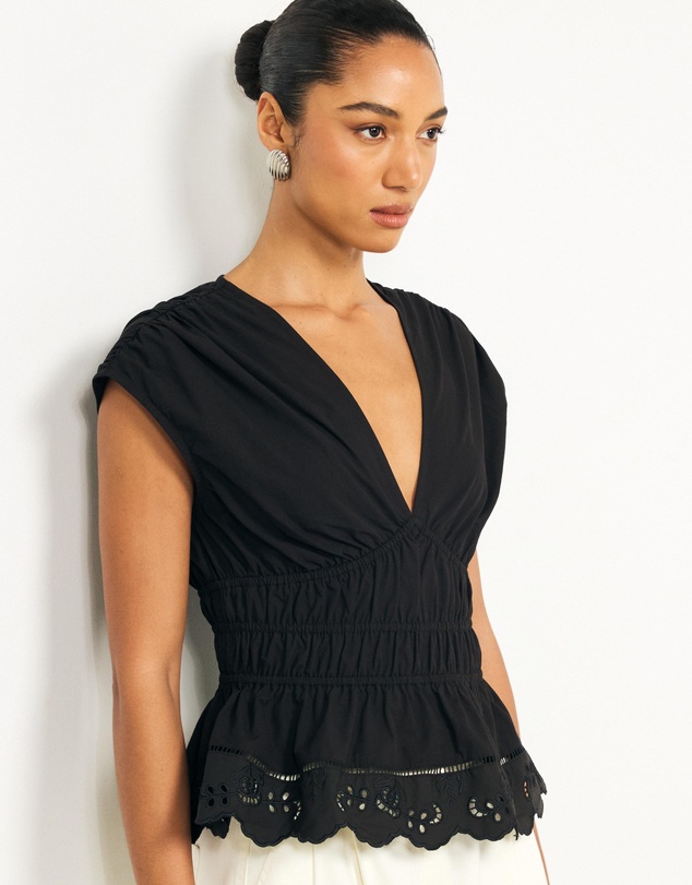 AERE - Bonnie Ruched Lace Peplum Top