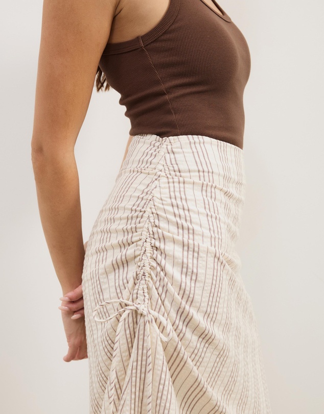 Atmos&Here - Sally Striped Cotton Ruched Side Tie Midi Skirt