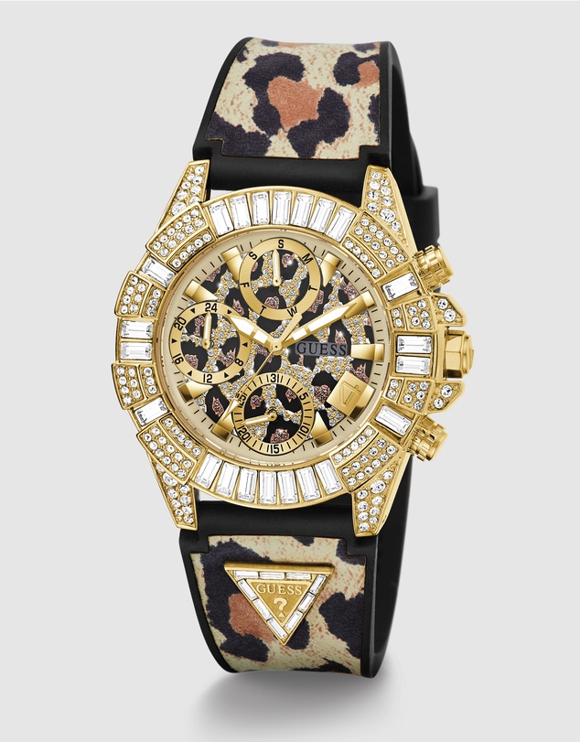 GUESS - ICONIC 40TH Animal 39mm Gold-Tone Case Black Silicone Strap