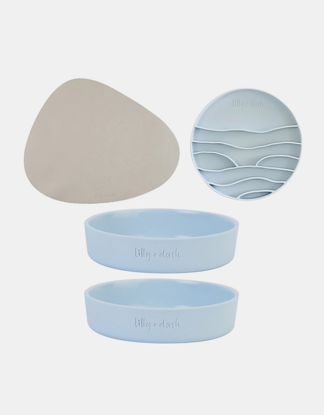 Lilly + Dash - Cat Eat and Drink Set – 2 Bowls + Lick Insert + Slate Placemat