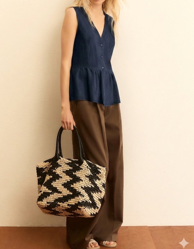 Emme - Navy Linen Blend Peplum Top