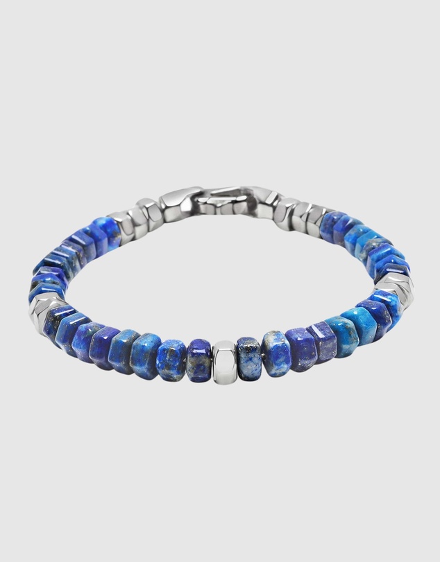Nialaya Jewellery - Men's Hexagon Beaded Bracelet with Blue Lapis and Silver