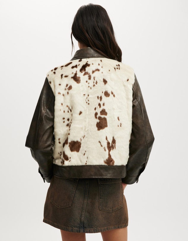 Cotton On - Cow Print Faux Fur Jacket