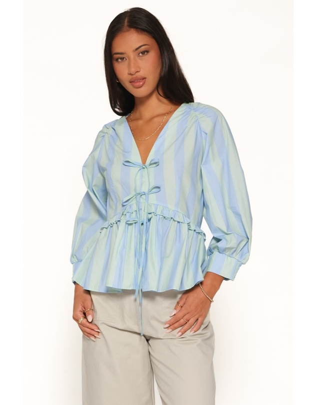 Petal & Pup - Benny Puff Sleeve Top - Green/Blue Stripe