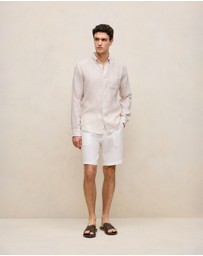 Trenery - Regular Fit Linen Bengal Stripe Shirt in Sand