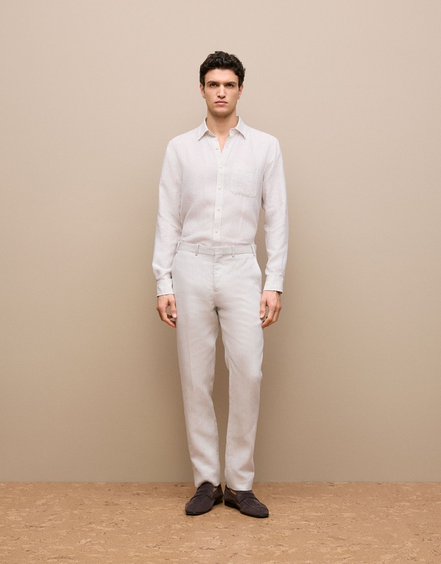 Trenery - Regular Fit Fine Stripe Linen Long Sleeve Shirt in White