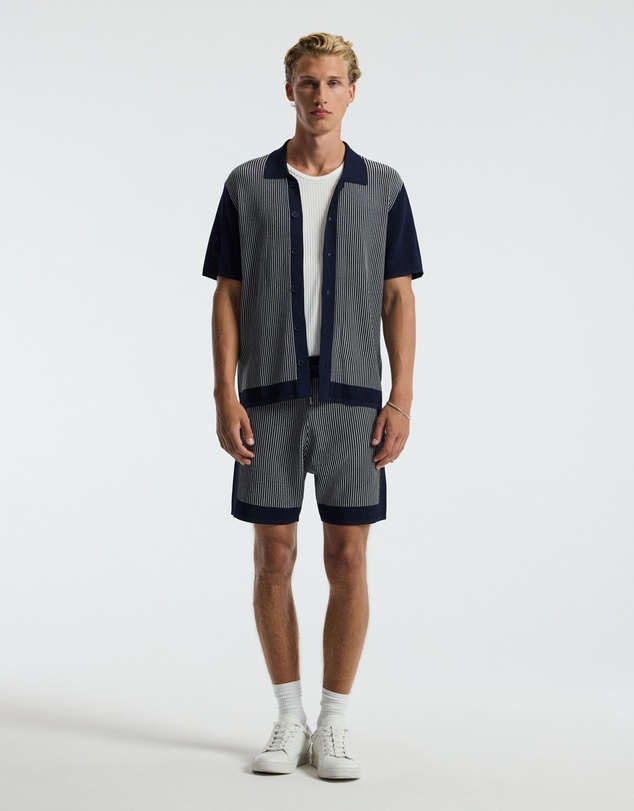 Calibre - Panelled Stripe Knit Shirt Navy