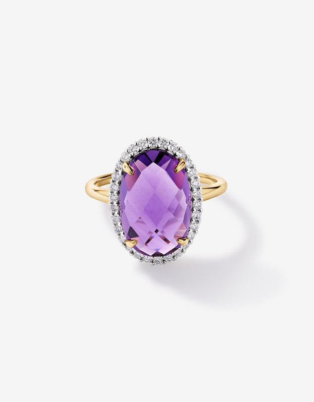 Michael Hill - Oval Amethyst & 0.35 Carat TW Diamond Halo Ring in 10kt Yellow Gold with Rhodium