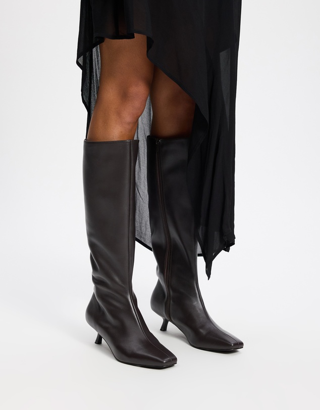 AERE - Maria Leather Knee High Kitten Heel Boots