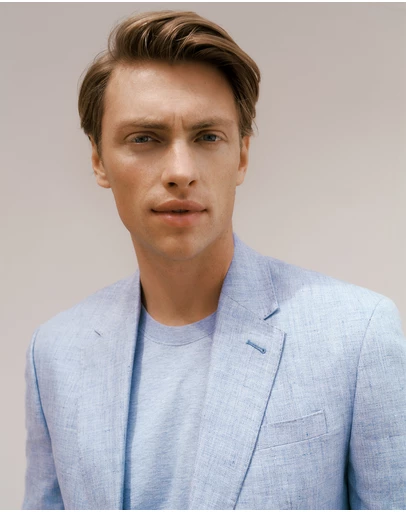 Trenery - Regular Fit Yarn Dyed Linen Blazer in Dusty Blue