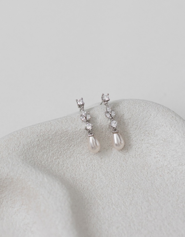 The White Collection - Hazel - Silver Pearl Bridal Drop Earrings