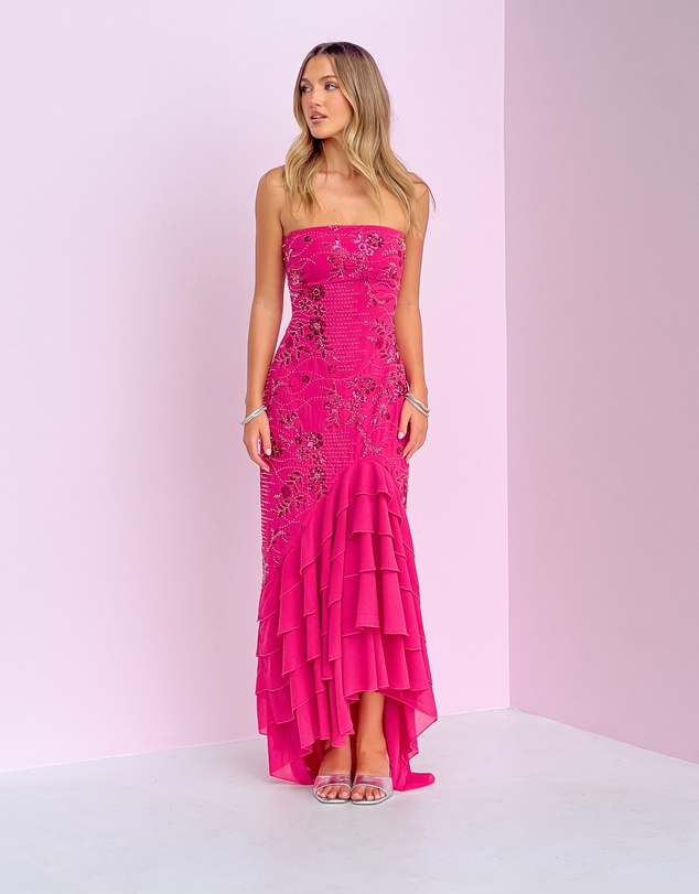 Beginning Boutique - Khai Pink Ruffle Maxi Scarf Beaded Dress