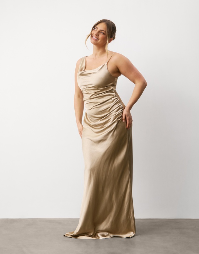 Six Stories - Cowl Front Asymmetrical Satin Bridesmaid Dress