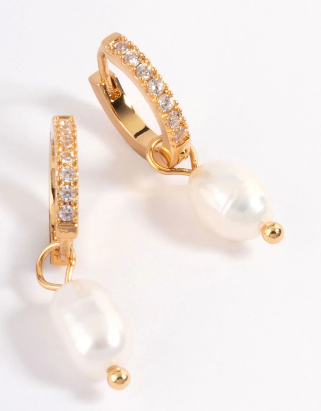 Lovisa - Waterproof Gold Plated Stainless Steel Diamante Freshwater Pearl Drop Huggie Earrings