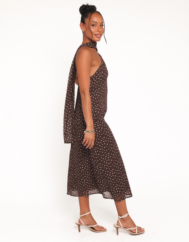Petal & Pup - Elva Halterneck Midi Dress - Brown Polka Dot