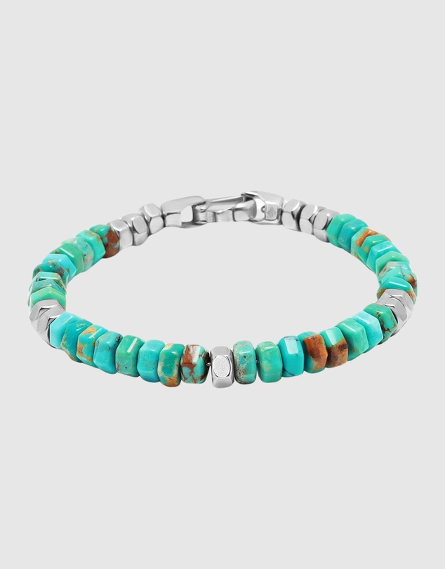 Nialaya Jewellery - Men's Hexagon Beaded Bracelet with Turquoise and Silver