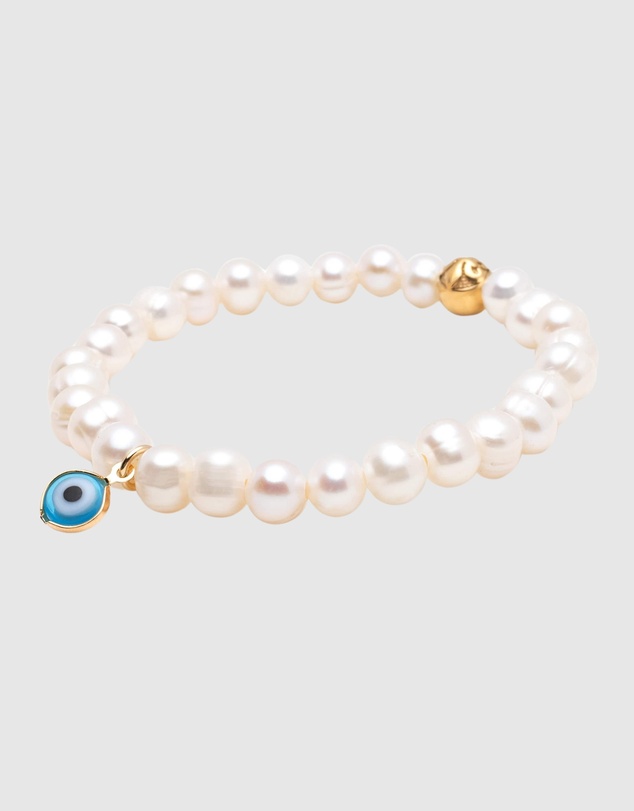 Nialaya Jewellery - Wristband with White Pearls and Blue Evil Eye Charm