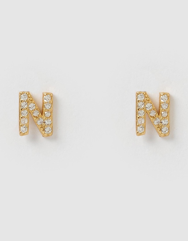 Izoa - Alphabet Mini Letter N Stud Earrings Gold