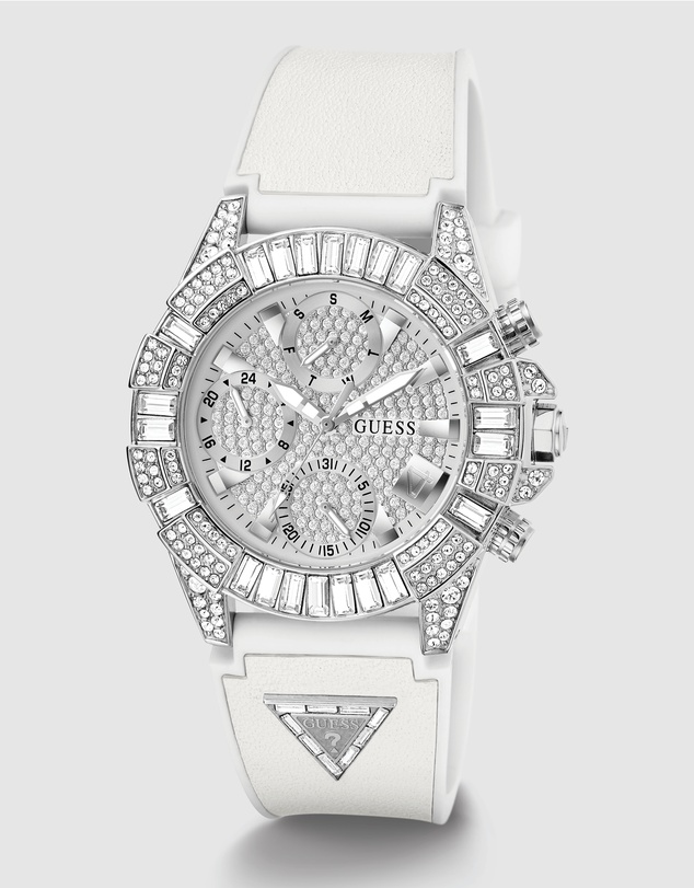 GUESS - ICONIC 40 Glamour 39mm Silver-Tone Case White Silicone Strap