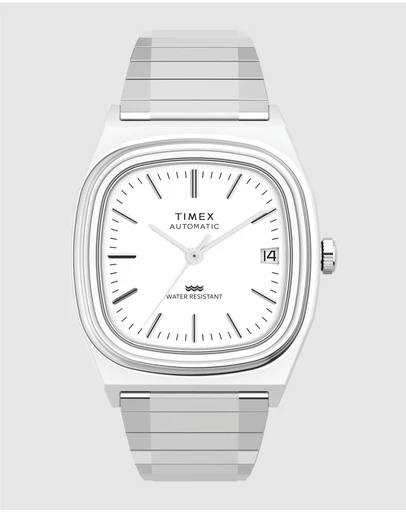 TIMEX - Mens Automatic Reissue Rounded Square 34mm Silver-tone Dial with Stainless Steel Strap