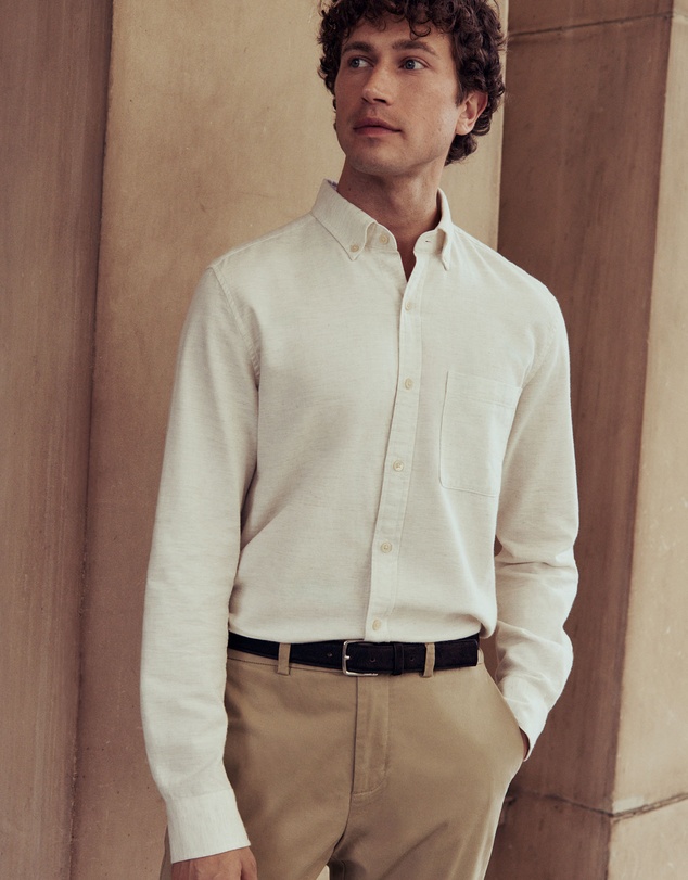 Trenery - Regular Fit Brushed Cotton Flecked Shirt in Oatmeal Marle