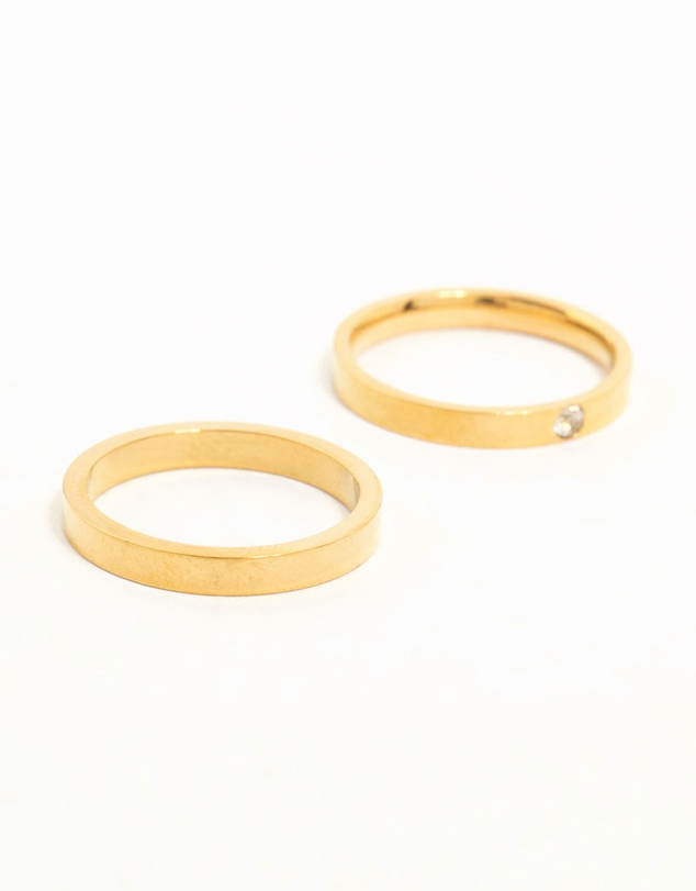 Lovisa - Waterproof Gold Plated Stainless Steel Cubic Zirconia Band Rings 2-Pack