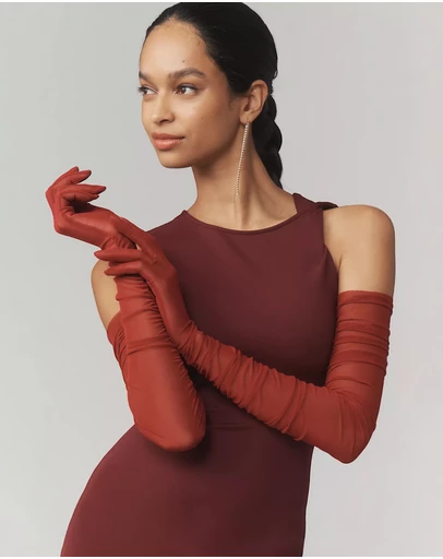 High Heel Jungle - Ariana Ruched Mesh Opera Glove - Wine
