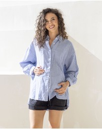Angel Maternity - Maternity Roll Up Long Sleeve Shirt - Navy Stripe