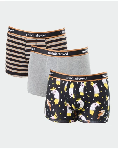 Mitch Dowd - Mitchdowd Mens 3 Pack Trunks in Stripe, Grey and Cockatoo Print