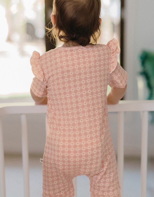 Kynd Baby - Day Or Night Short Sleeve Frill Onesie in Heart Gingham