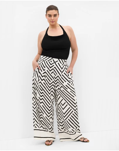 City Chic - Plus size Linear Border Print Wide Leg Pant - ivory