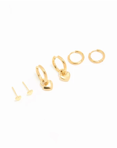 Lovisa - Waterproof Gold Plated Stainless Steel Heart Huggies & Classic Stud Earrings 3-Pack
