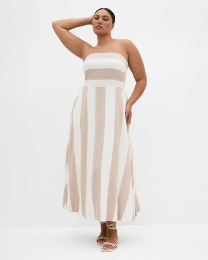 City Chic - Plus size Simone Strapless Stripe Maxi Dress - stone