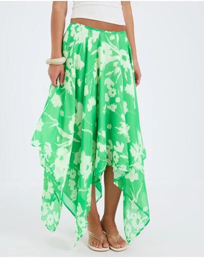 Calli - Aurora Verde Floral Print Asymmetrical Skirt