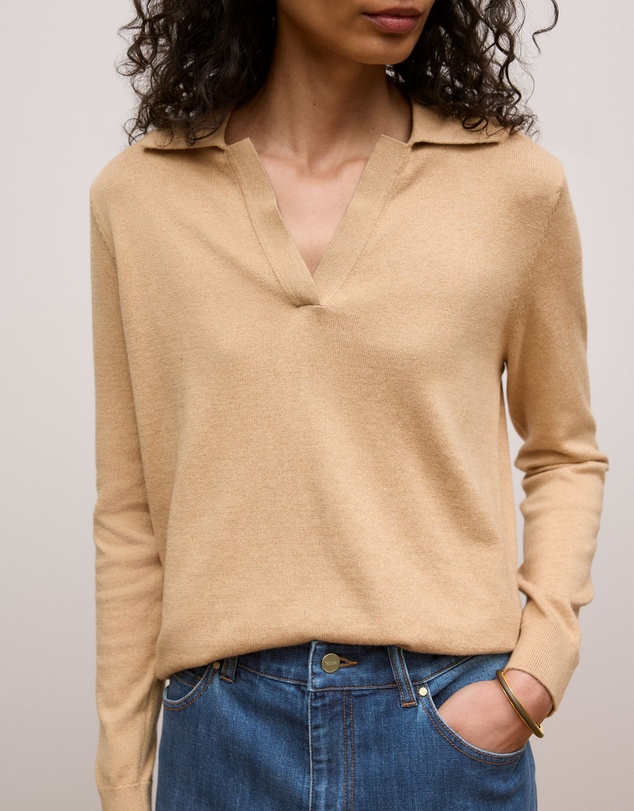 Trenery - Cotton Cashmere Long Sleeve Polo in Camel