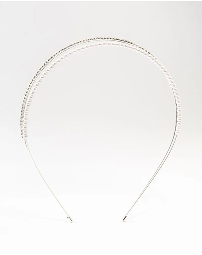 Lovisa - Silver Plated Double Layered Pearl & Crystal Headband