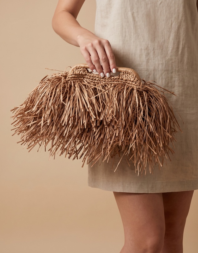 Izoa - Izoa Bridgett Tassel Clutch Tan Hand-Woven Crochet Fringe Bag with Handle