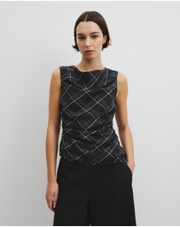 Country Road - Organically Grown Linen Check Ruched Linen Tank