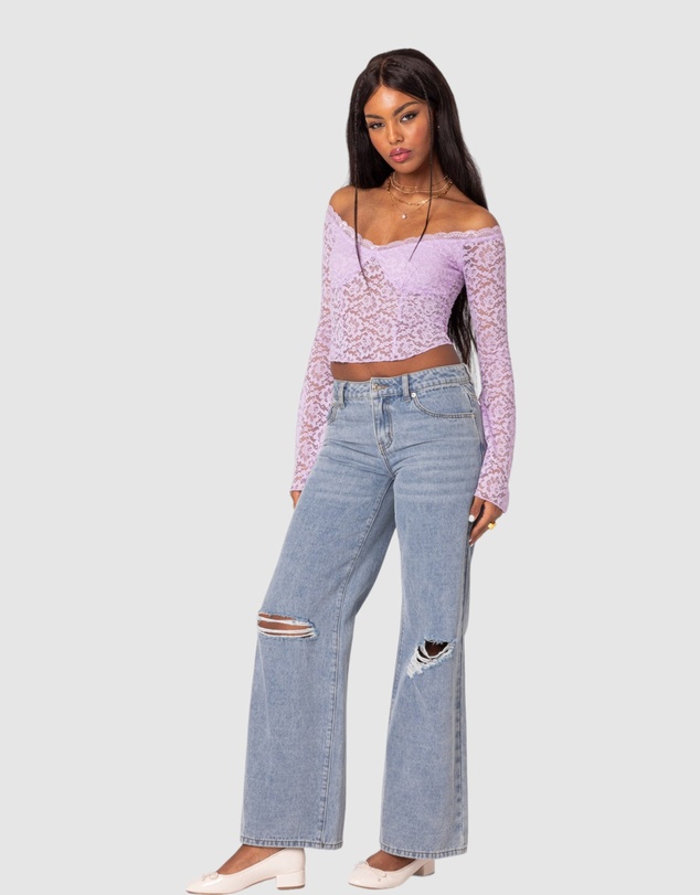 EDIKTED - Linda Off Shoulder Sheer Lace Top