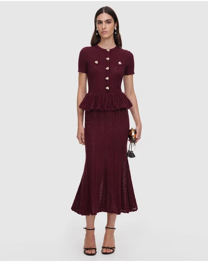 Self Portrait - Pointelle Peplum Knit Midi Dress