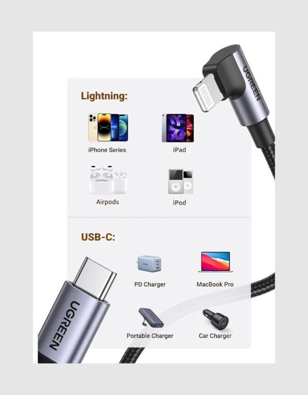 Ugreen - UGREEN MFi 90° USB-C to Lightning Cable Fast Charge 3A