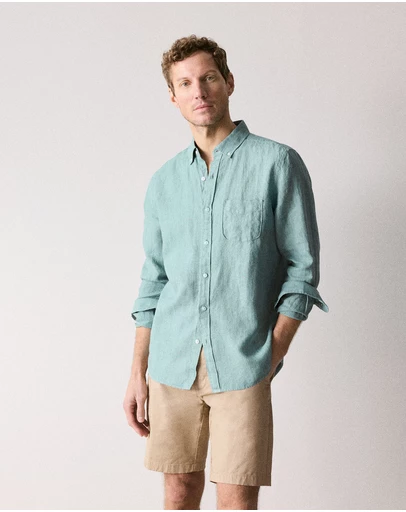 Trenery - Regular Fit Delave Linen Long Sleeve Shirt in Jade