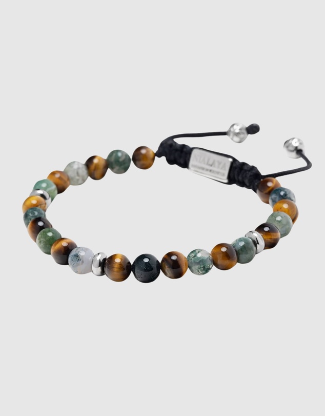 Nialaya Jewellery - Men's Beaded Bracelet with Aquatic Agate, Brown Tiger Eye and Silver