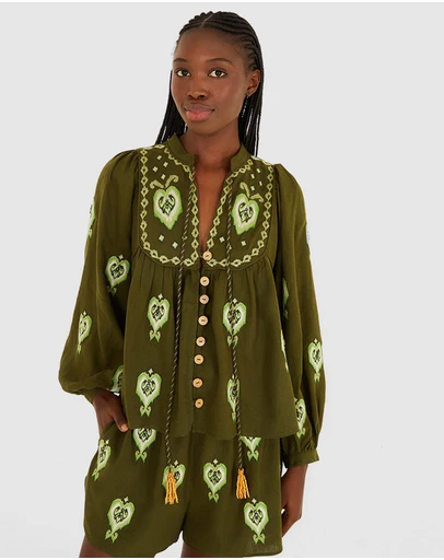 Farm Rio - Green Embroidered Blouse