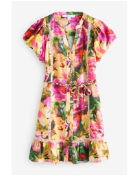 NEXT - Button Through Lace Insert Mini Dress With Linen