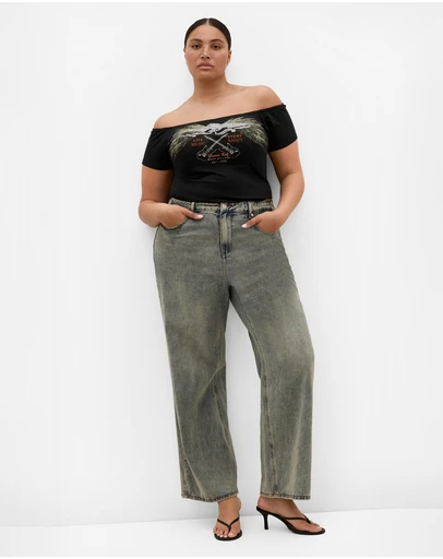 City Chic - Plus size Urban Status Off Shoulder Short Sleeve Top - black