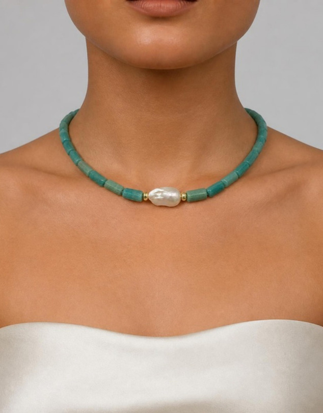 Izoa - Marguerite Baroque Pearl Gemstone Necklace Ocean