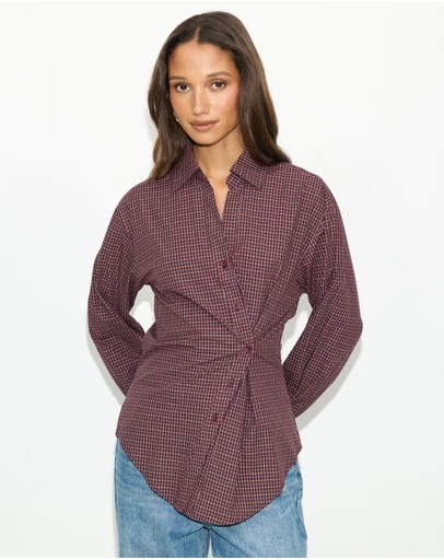 Dazie - Em Asymmetrical Check Button Up Shirt